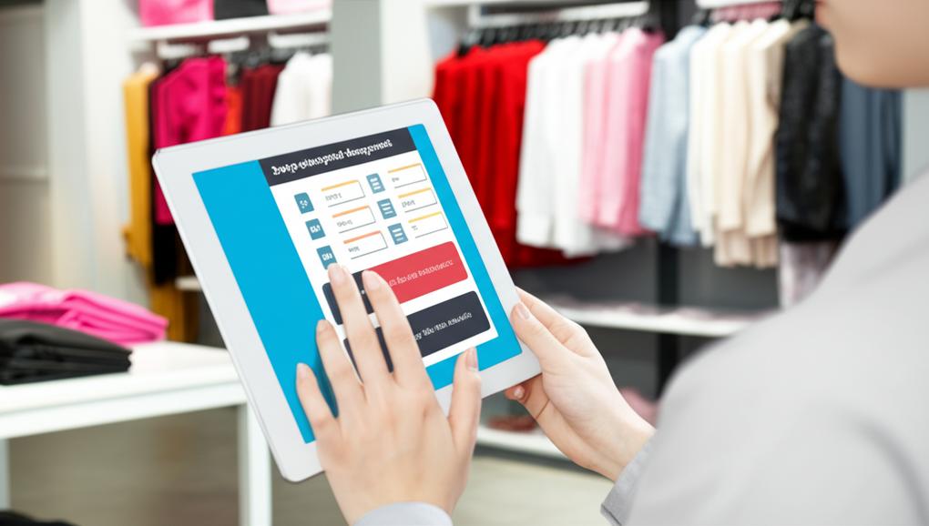 Nhân viên bán hàng sử dụng phần mềm quản lý shop quần áo.