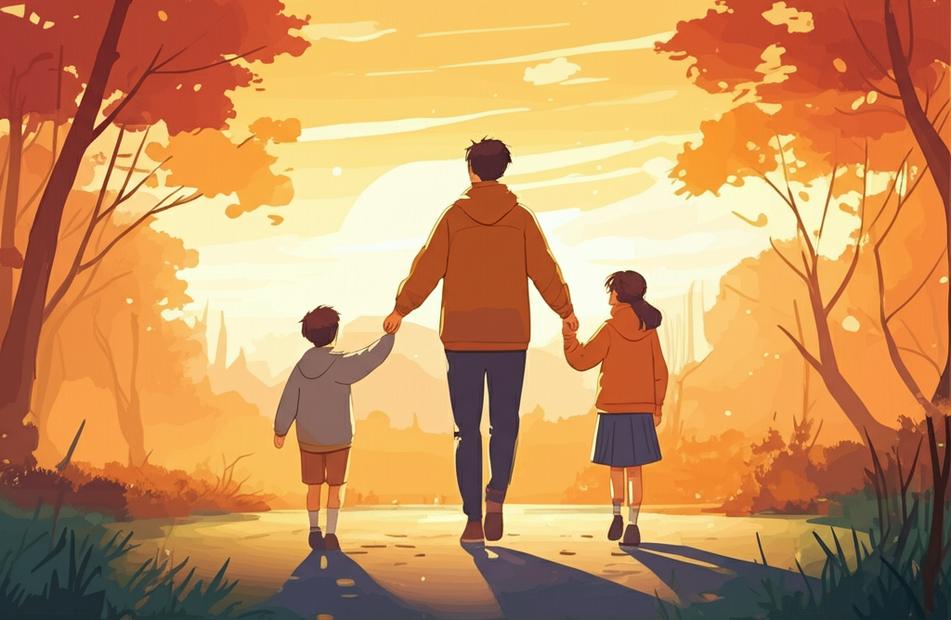 Gia đình hạnh phúc dạo công viên chiều hoàng hôn.