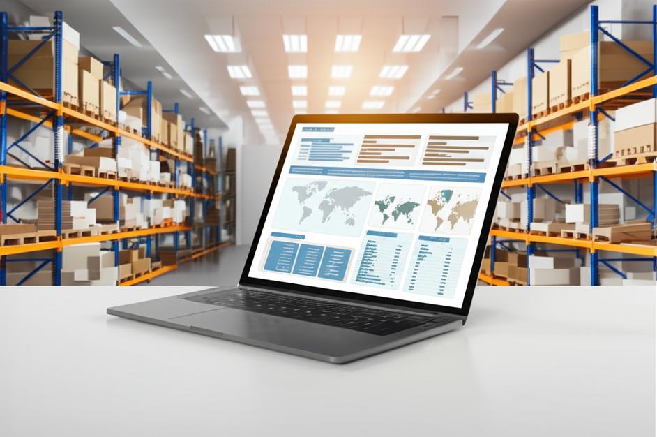 Kho hàng gọn gàng với phần mềm quản lý kho online trên laptop.