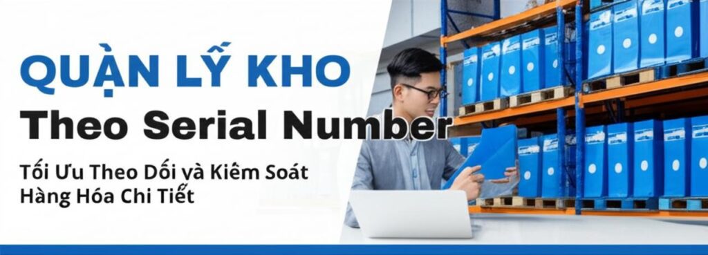 Nhân viên kho sử dụng máy quét mã vạch để quản lý hàng hóa theo serial number trong kho