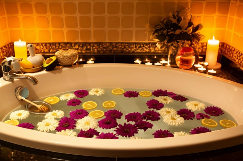Bồn tắm spa tại nhà với nến và nguyên liệu tự nhiên.