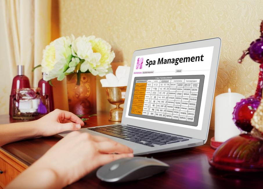 Giao diện phần mềm quản lý spa mini trên laptop trong không gian spa.
