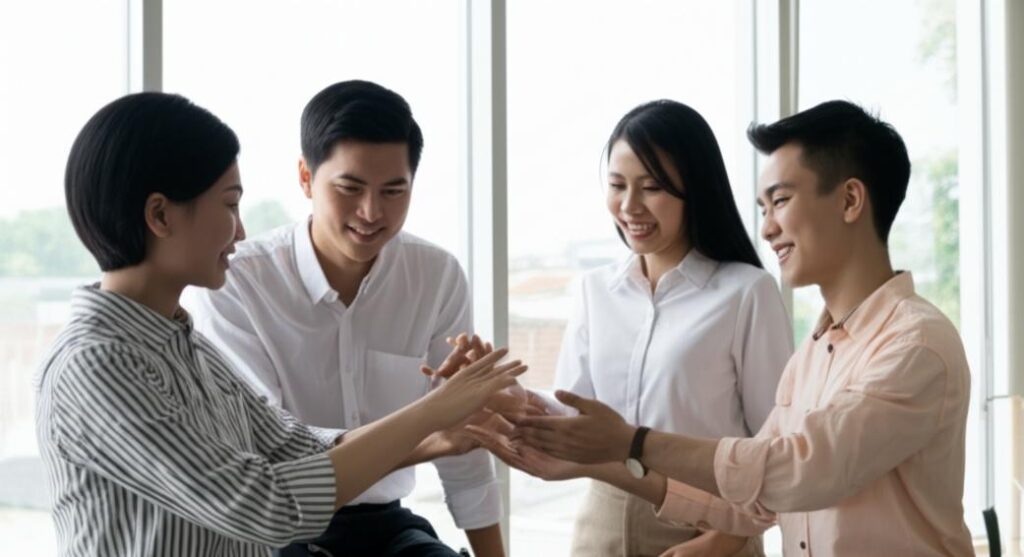 Nhân viên hợp tác vui vẻ trong văn phòng.