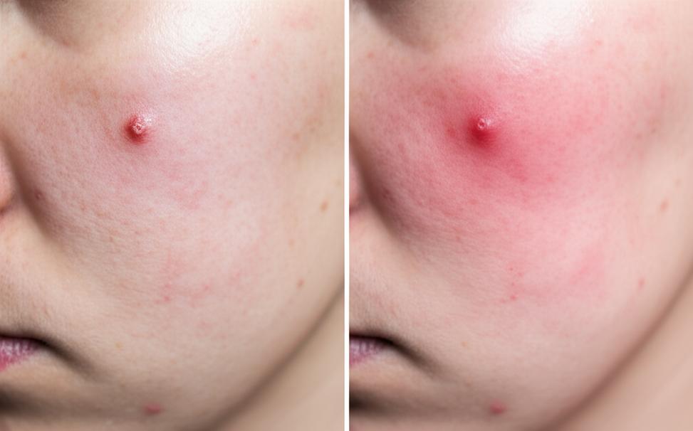 Hình ảnh mụn bọc trước và sau điều trị qua đêm.