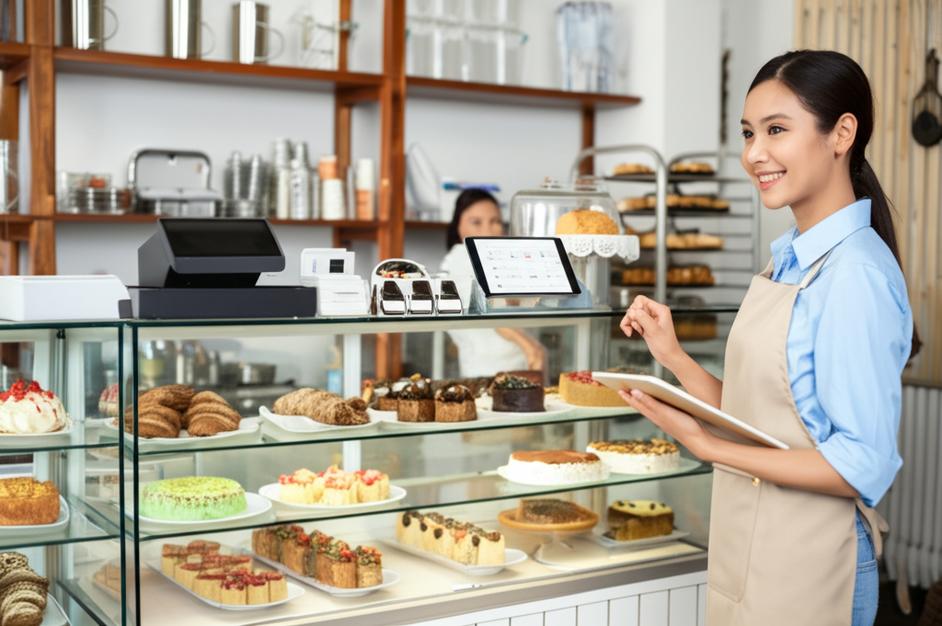 Nhân viên tiệm bánh sử dụng phần mềm quản lý.