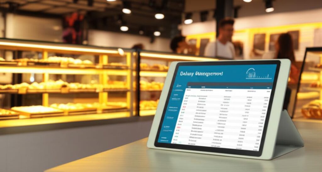 Giao diện phần mềm quản lý tiệm bánh được hiển thị trong bối cảnh tiệm bánh.