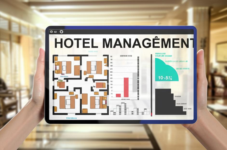 Giao diện phần mềm quản lý khách sạn hiện đại trên thiết bị điện tử.