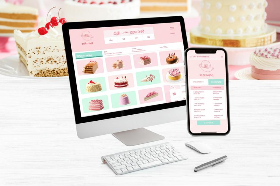 Giao diện phần mềm quản lý bánh ngọt Ebiz trên máy tính và điện thoại.