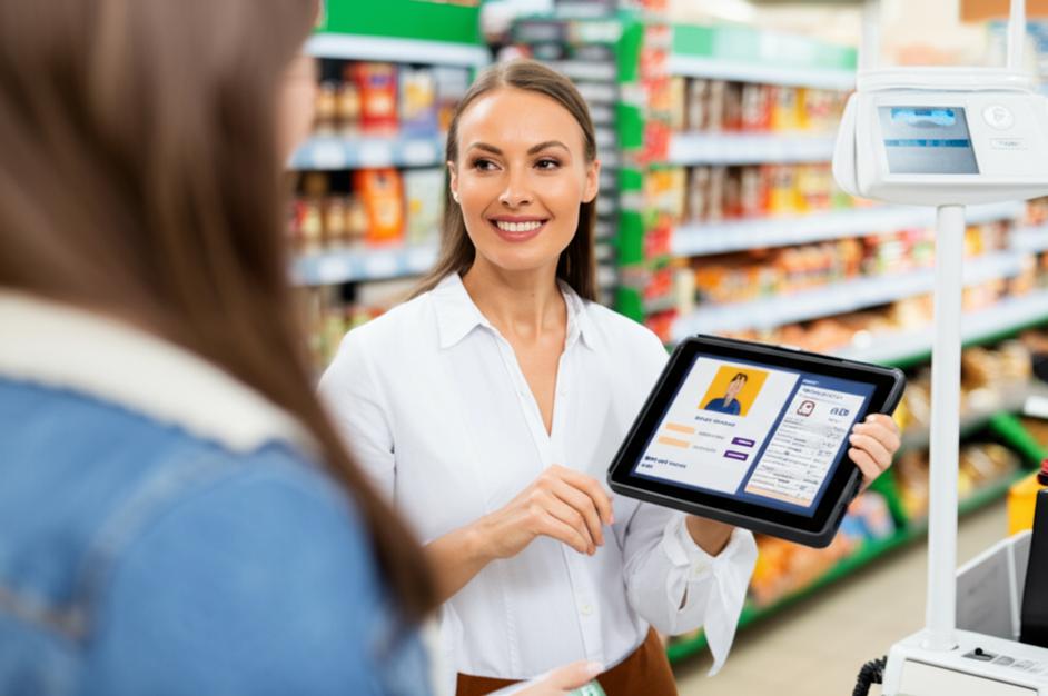 Nhân viên thu ngân sử dụng CRM tại cửa hàng tạp hóa.