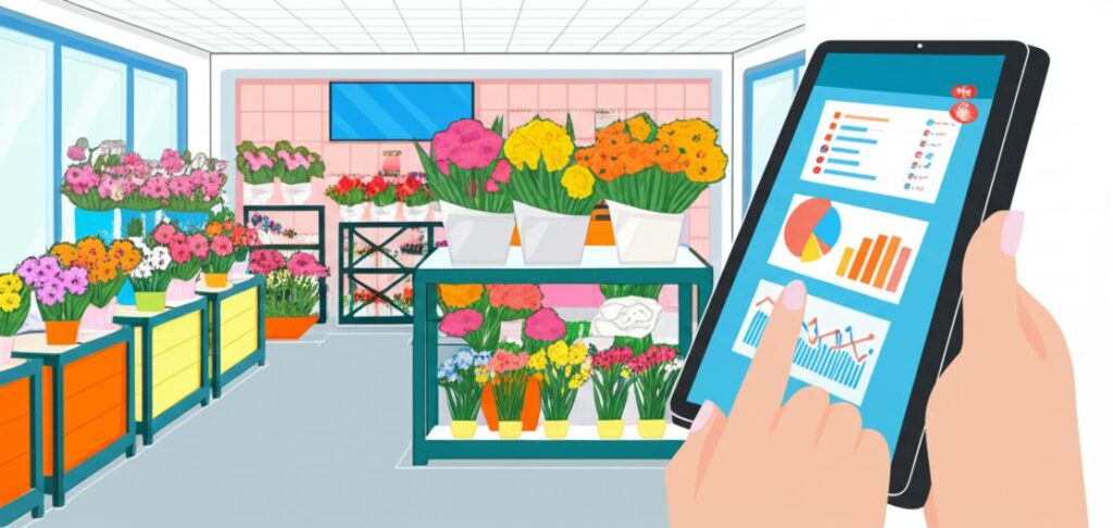 Digital interface managing flower shop inventory and sales.