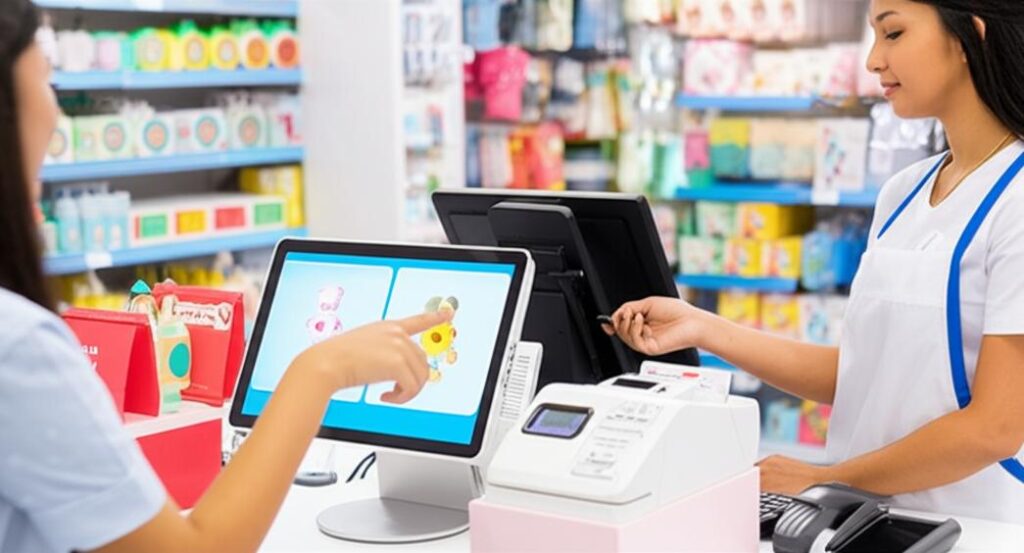 Máy tính tiền POS tại cửa hàng mẹ và bé