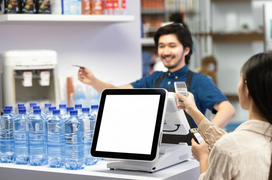 Máy tính tiền POS tại cửa hàng nước uống đóng bình.