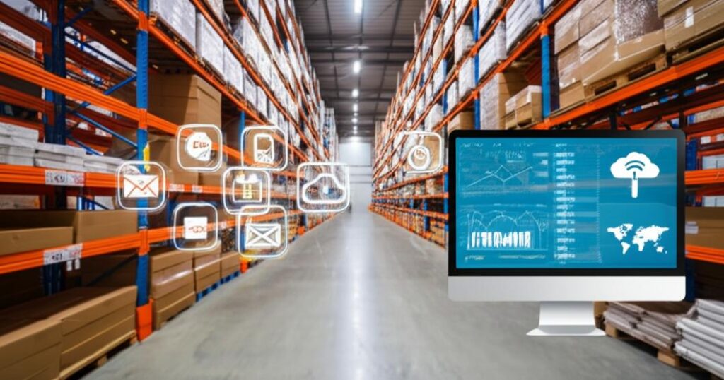 Giao diện phần mềm quản lý kho trên nền nhà kho hiện đại.