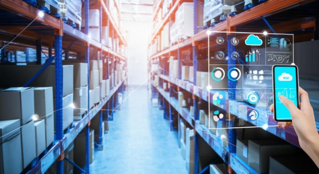 Hình ảnh minh họa quản lý kho online bằng thiết bị di động kết nối đám mây.