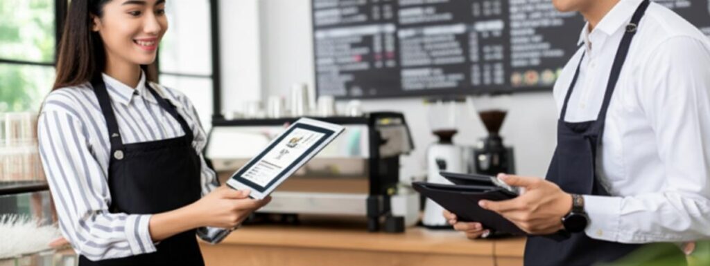 Nhân viên cafe order bằng phần mềm trên tablet.