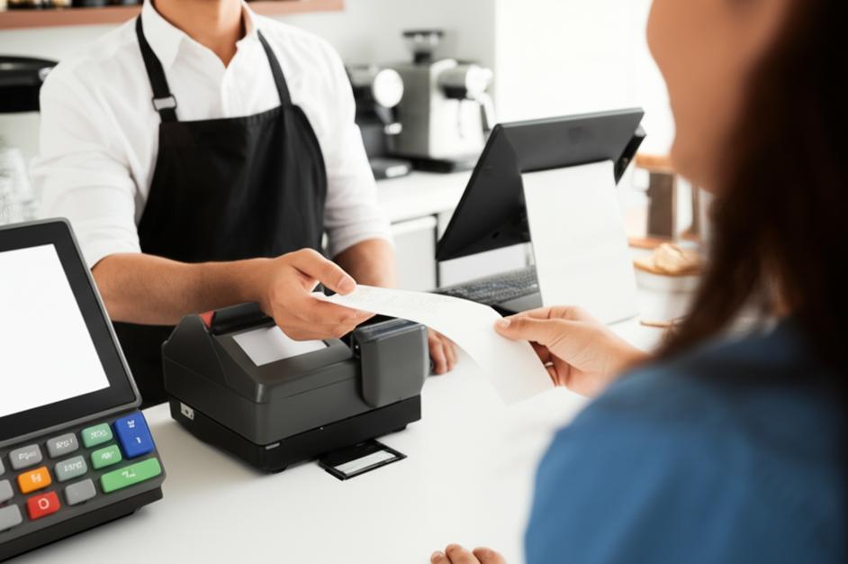 Nhân viên quán cafe đưa hóa đơn in cho khách hàng.