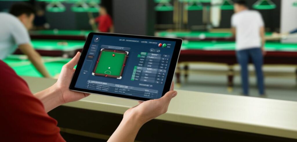 Giao diện phần mềm quản lý bida trên máy tính bảng hiển thị bàn chơi và thông tin kinh doanh.