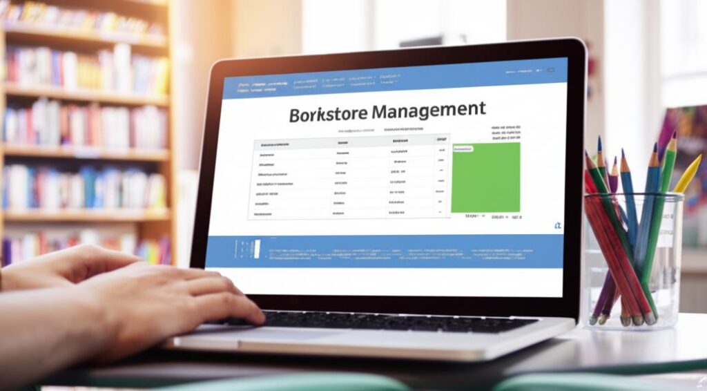 Phần Mềm Quản Lý Nhà Sách Giá Rẻ: Giải Pháp Tối Ưu Cho Hiệu Sách Nhỏ 4 Phần mềm quản lý nhà sách giá rẻ Ebiz trên màn hình laptop trong hiệu sách.