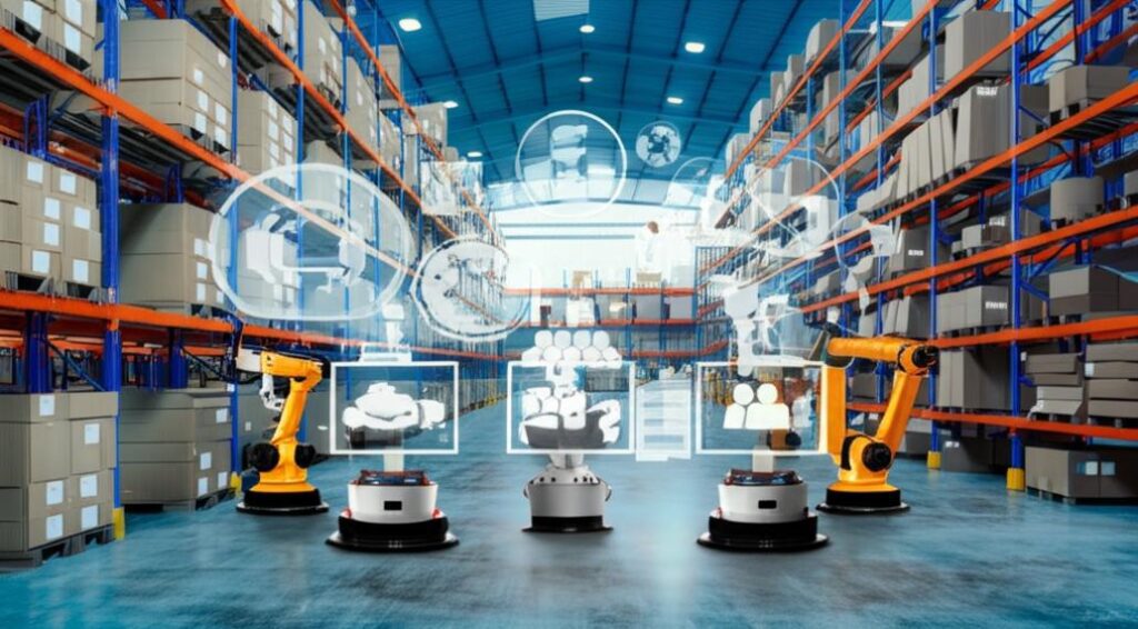 Quản Lý Kho Chuỗi Cung Ứng Hiệu Quả: Bí Quyết Tối Ưu Hóa Vận Hành 8 Kho hàng hiện đại với robot và hệ thống quản lý kho.