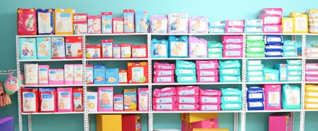 Kho hàng mẹ và bé được sắp xếp khoa học.