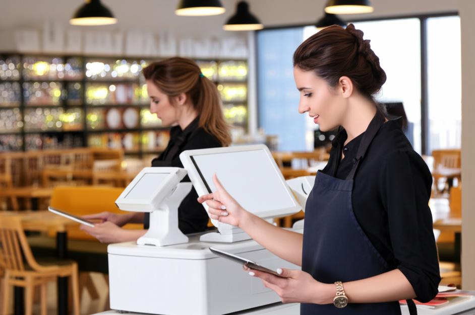 Nhân viên nhà hàng sử dụng hệ thống quản lý POS Ebiz.