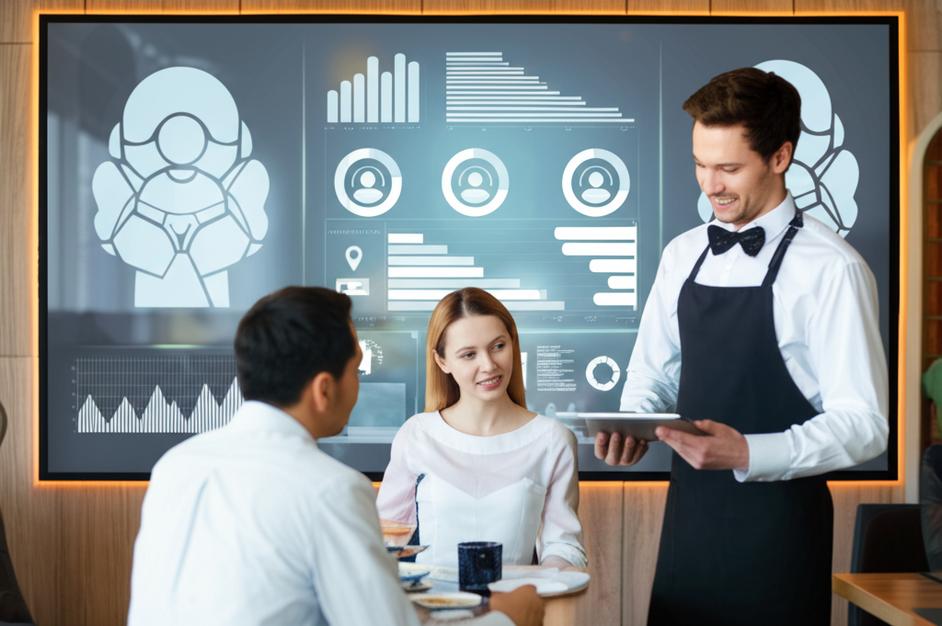 Waiter using a tablet with a CRM interface in a modern restaurant.