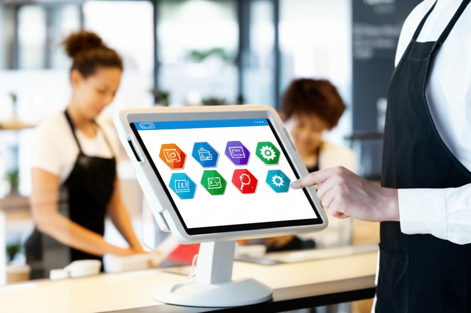 Doanh nghiệp nhỏ sử dụng phần mềm POS trên máy tính bảng.