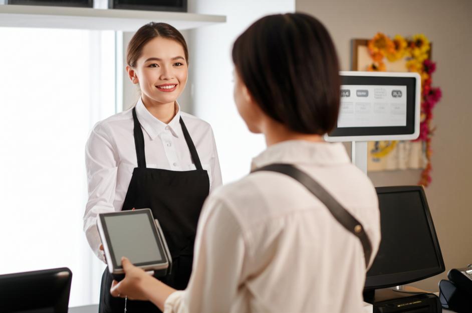 Nhân viên thu ngân tính tiền nhanh chóng bằng máy POS.