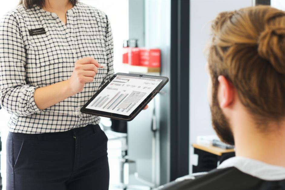 Nhân viên salon tư vấn khách hàng bằng phần mềm CRM trên máy tính bảng.