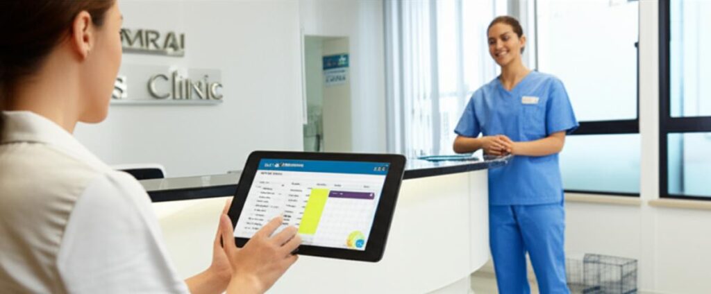 Lễ tân phòng khám sử dụng phần mềm quản lý dễ dùng.