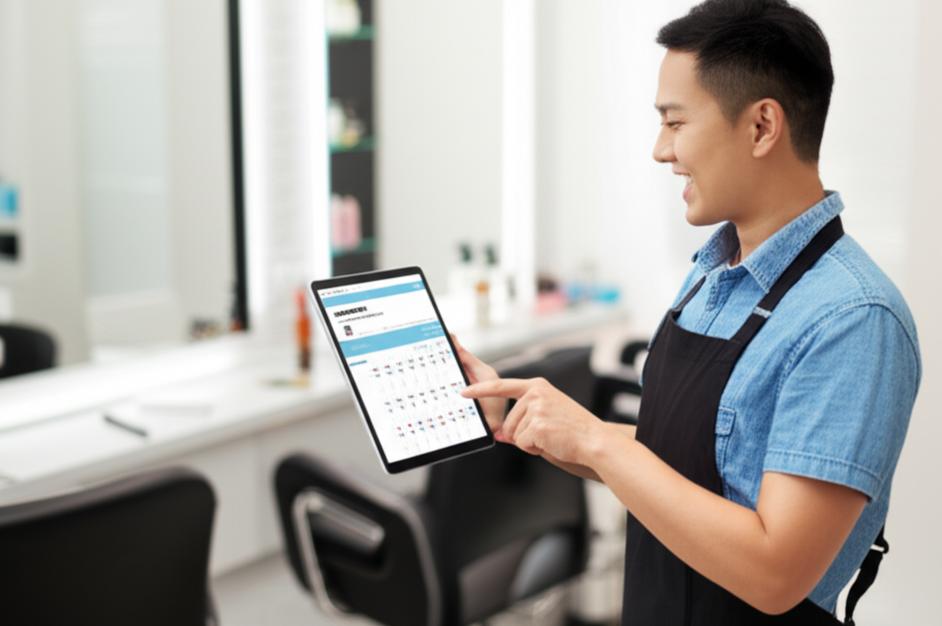 Nhân viên salon dùng phần mềm quản lý dễ sử dụng trên máy tính bảng.