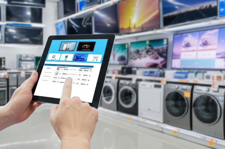 Giao diện phần mềm quản lý bán hàng trên máy tính bảng trong cửa hàng điện máy.