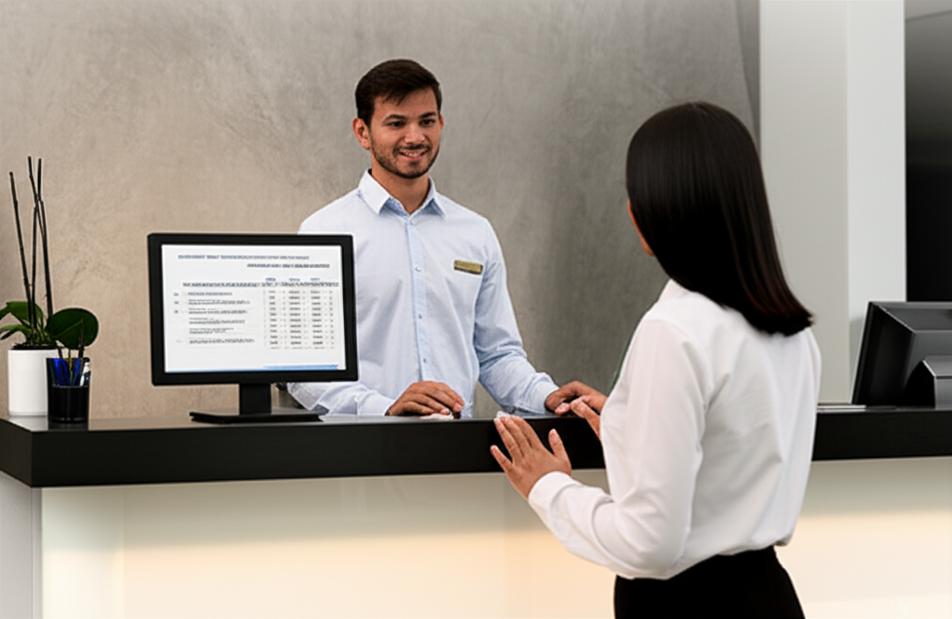 Nhân viên lễ tân sử dụng phần mềm quản lý khách sạn.