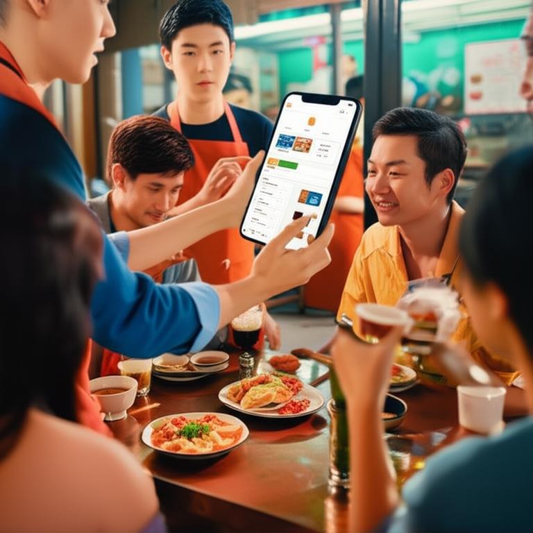 Nhân viên quán nhậu dùng phần mềm trên tablet.