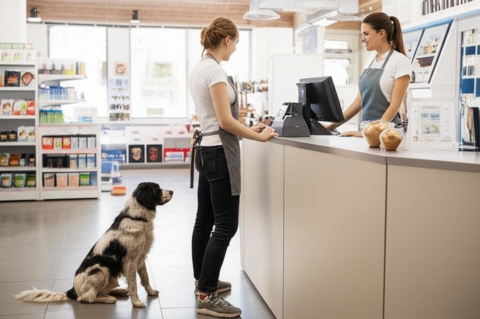 Nhân viên sử dụng POS tại cửa hàng thú cưng.