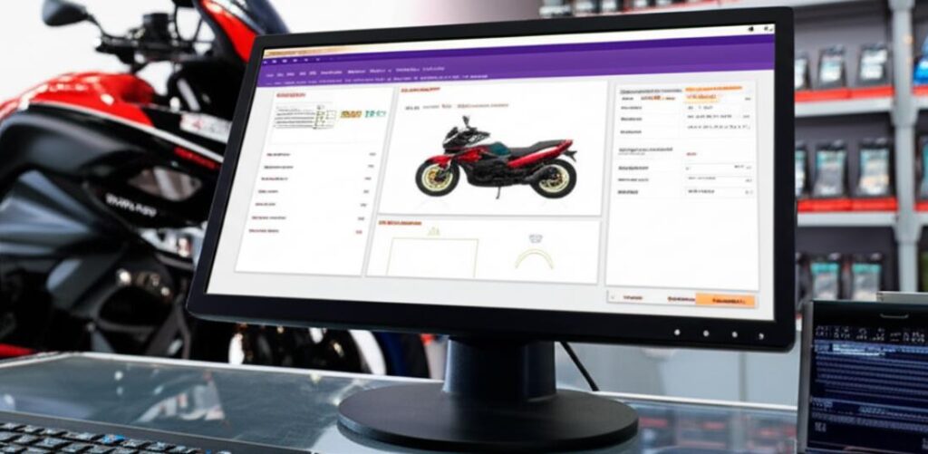 Giao diện phần mềm POS tại cửa hàng xe máy với kệ phụ tùng phía sau.