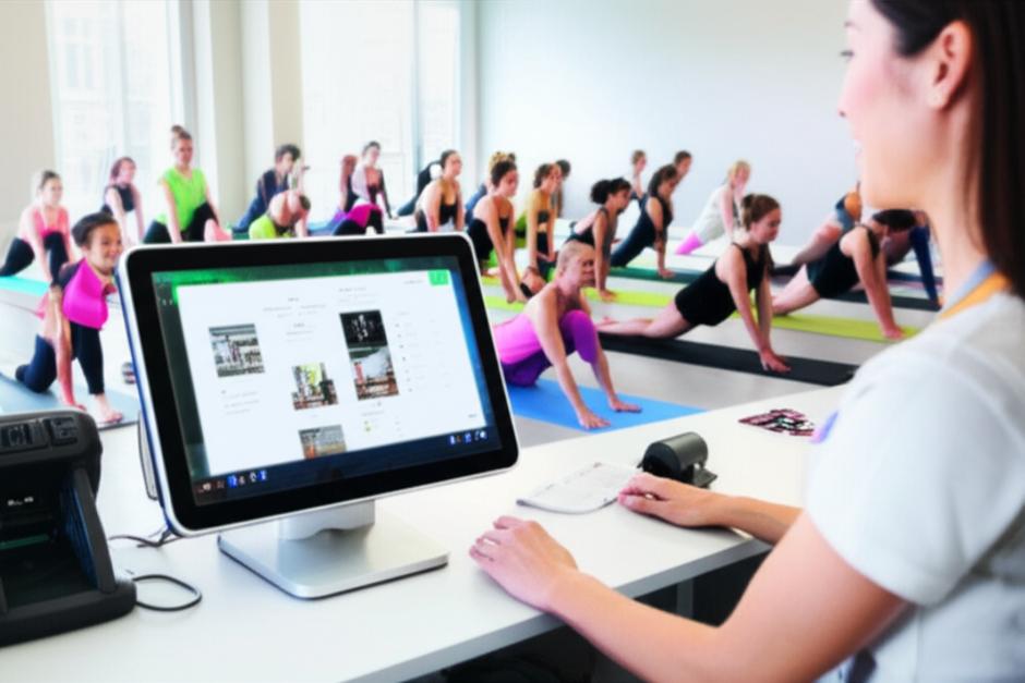 Nhân viên studio yoga sử dụng phần mềm POS để quản lý lớp học và thanh toán.