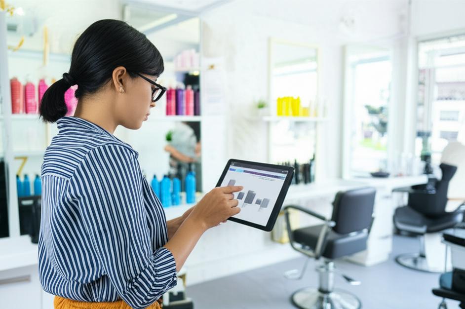 Giải Pháp Quản Lý Salon Tóc Toàn Diện: Nâng Tầm Chuyên Nghiệp 3 Salon tóc hiện đại sử dụng phần mềm quản lý.