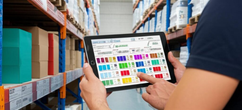 Kho hàng được sắp xếp theo màu sắc và kích cỡ.