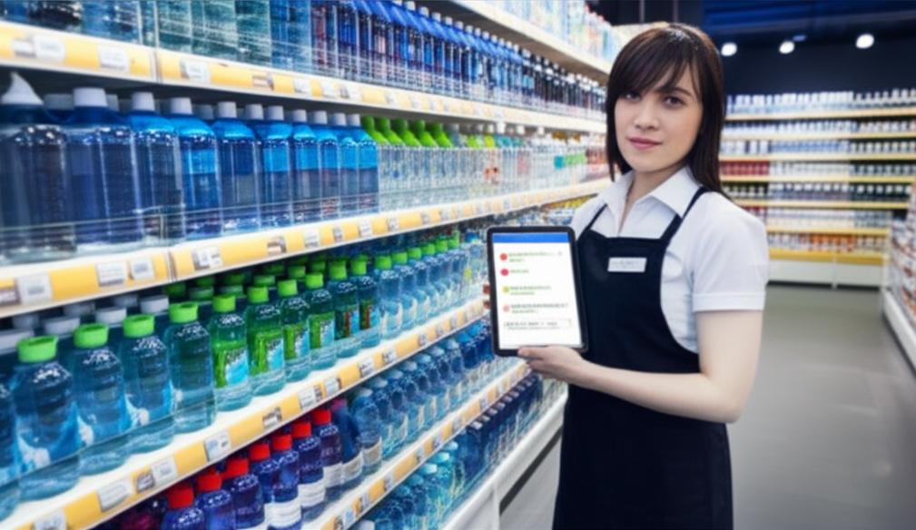 Cửa hàng nước uống đóng bình với nhân viên sử dụng phần mềm quản lý.