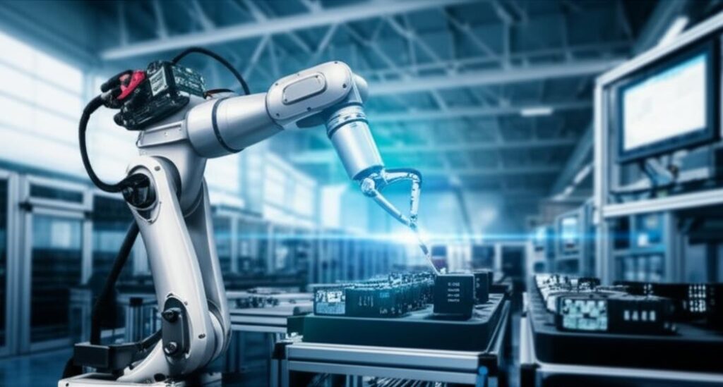 AI-powered robot arm in a smart factory.