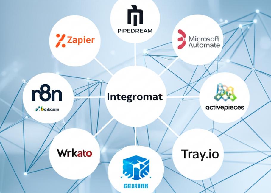 Logos of Integromat alternatives: Zapier, n8n, Pipedream, Power Automate, and Workato.