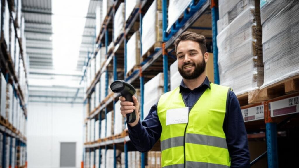 Warehouse worker scanning a product's serial number.