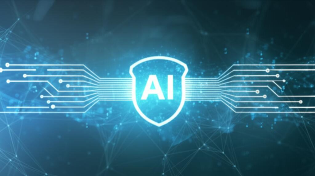 Khái niệm về giải pháp an ninh tích hợp trí tuệ nhân tạo với mạng lưới kỹ thuật số và lá chắn bảo vệ.