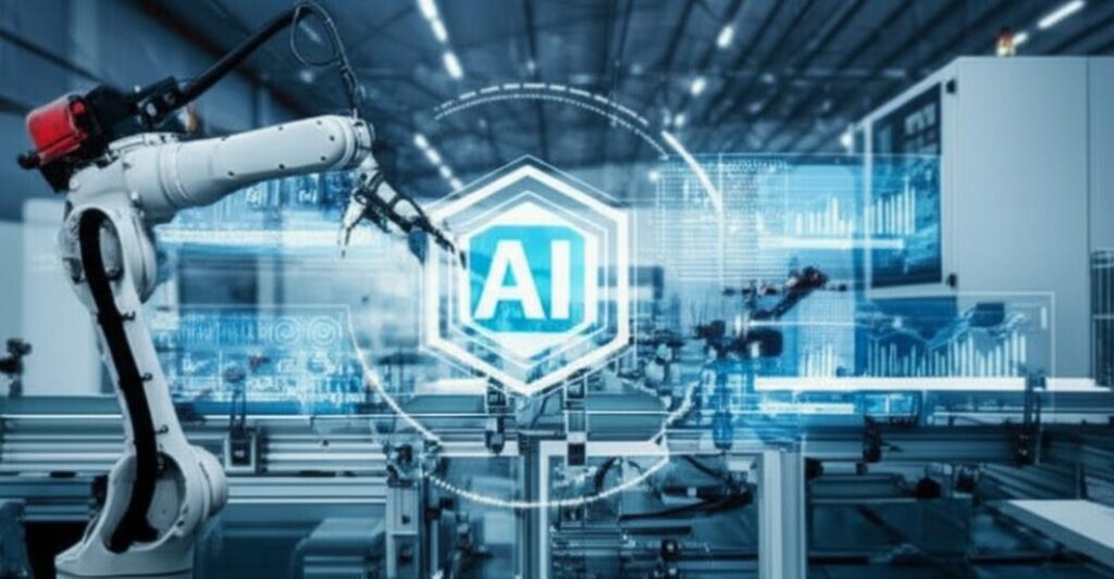 Robot công nghiệp AI làm việc trong nhà máy sản xuất tự động hóa.