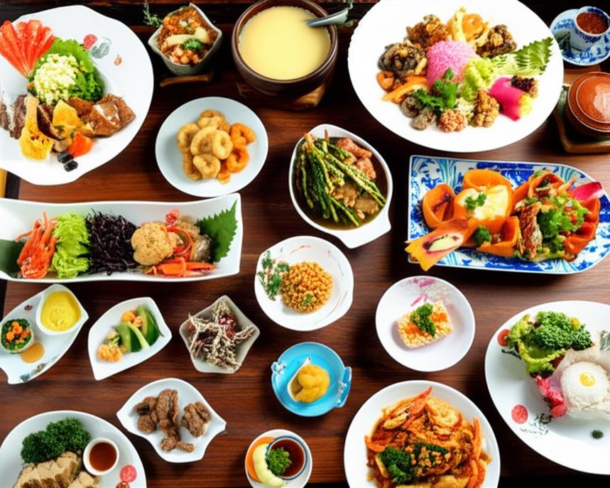 Bàn ăn đa dạng các món ăn quốc tế.