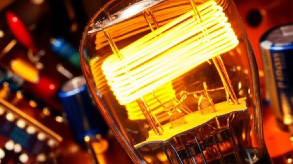 Cận cảnh bóng đèn tiền khuếch đại amply đèn phát sáng ấm áp.