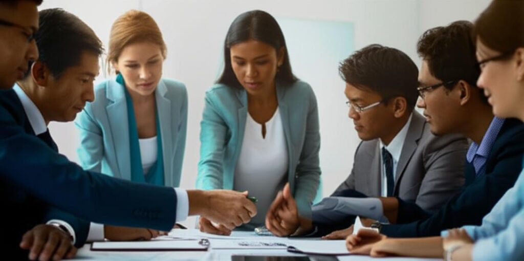 Nhóm người thảo luận chiến lược trong cuộc đàm phán.