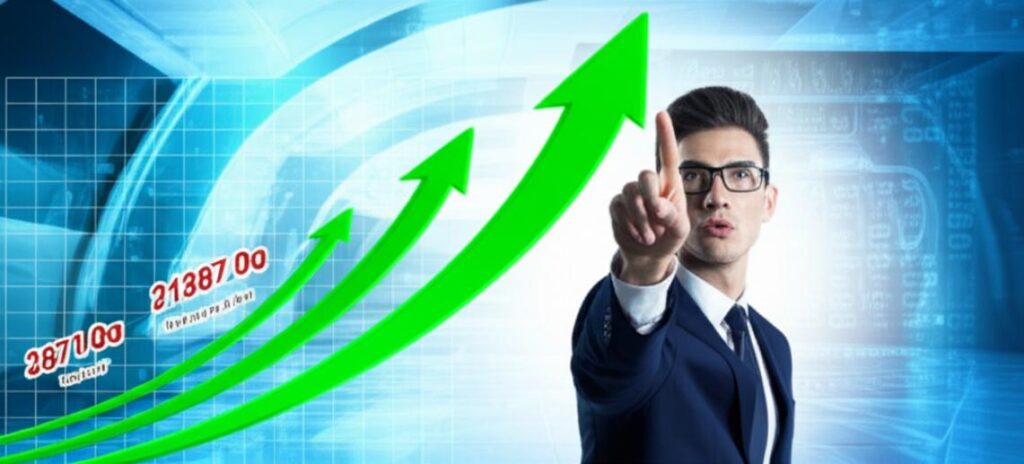 Biểu đồ tăng trưởng sắc nét, thể hiện sự phát triển vượt bậc, trên nền công nghệ hiện đại.