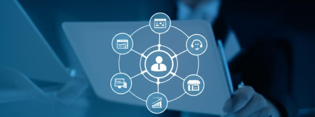 Đồ họa hiện đại về chiến lược trải nghiệm khách hàng, thể hiện sự kết nối liền mạch giữa doanh nghiệp và khách hàng qua nhiều điểm chạm.